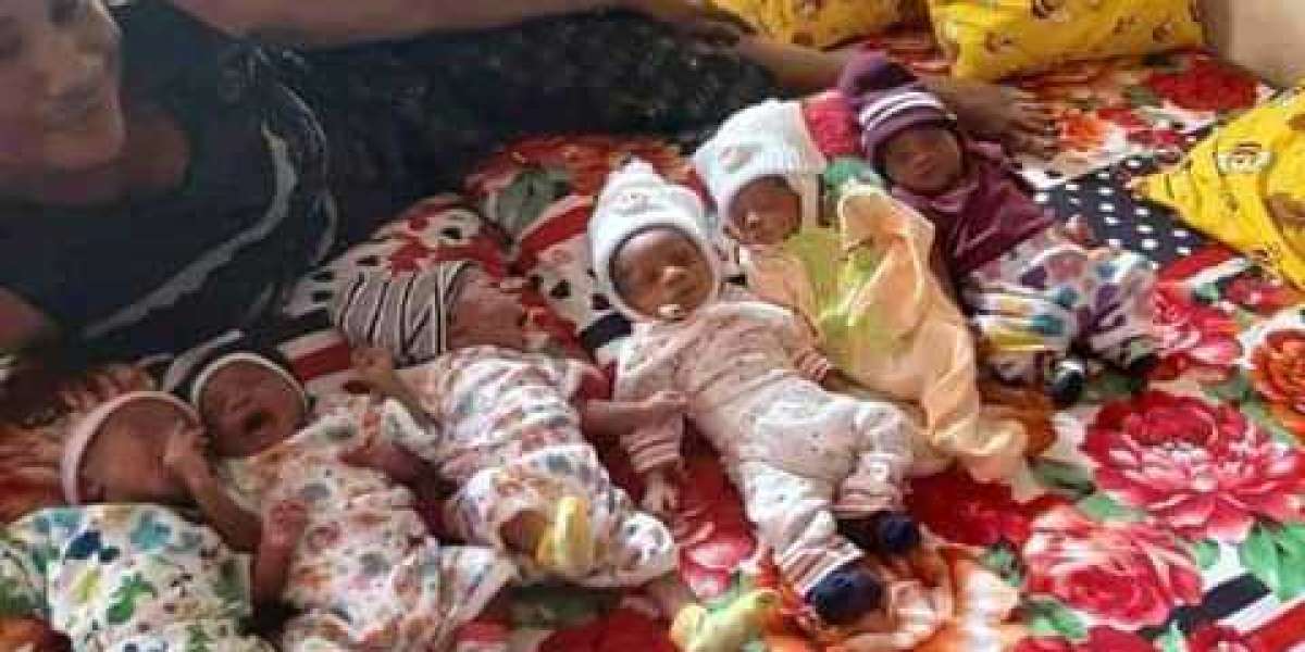 Nigerian woman who was childless for 28 years of marriage poses with her newborn sextuplets
